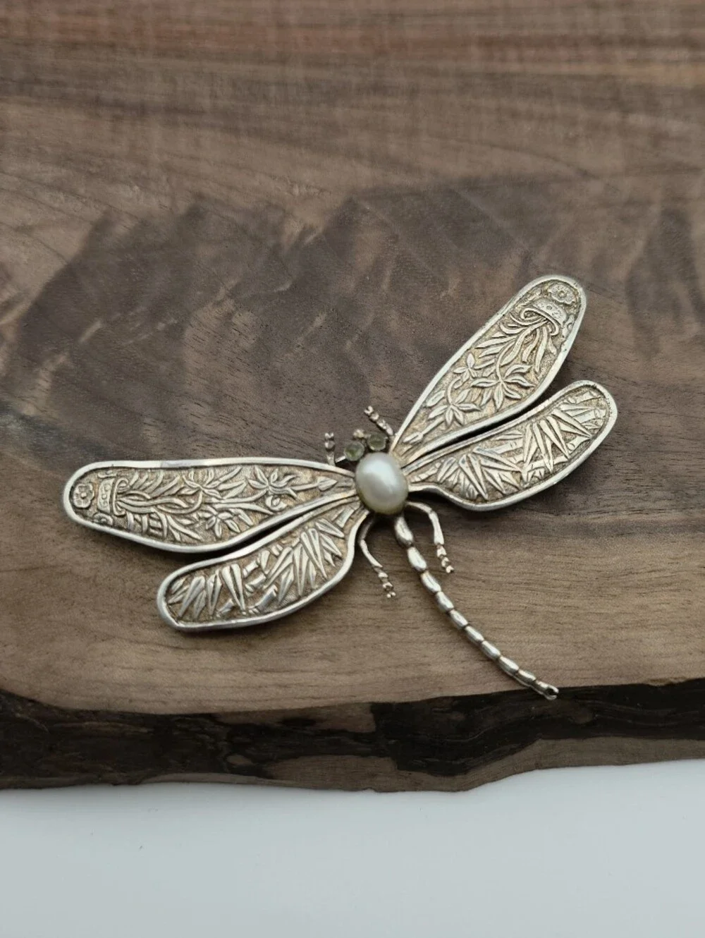 Vintage Dragonfly Insect Brooch Pearl Repousse Art Nouveau 925 Sterling Silver